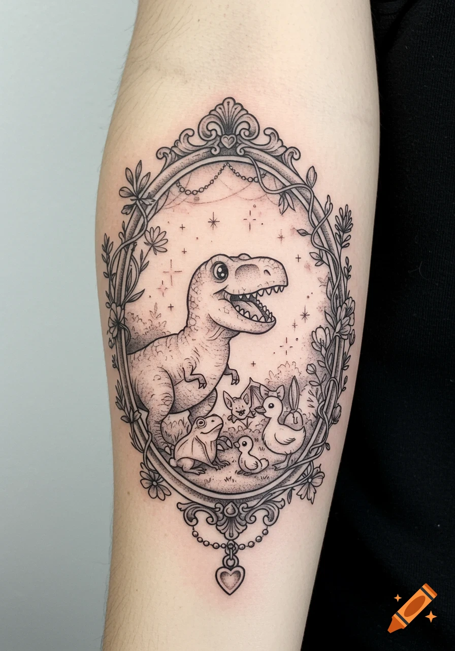 Black and grey forearm tattoo of a cute dinosaur and friends inside a decorative frame.