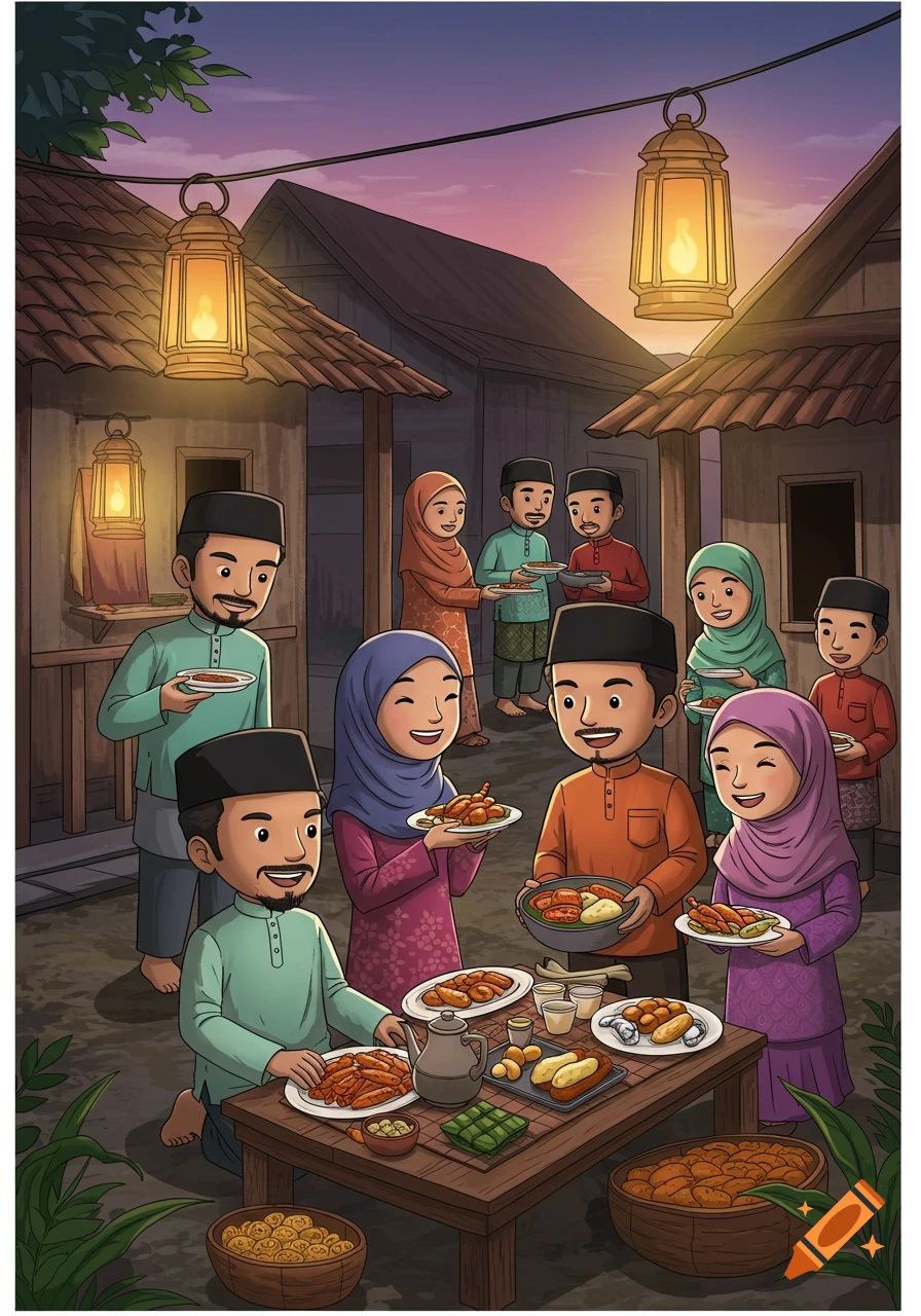 Cartoon illustration of a Muslim family eating a meal together outdoors at dusk