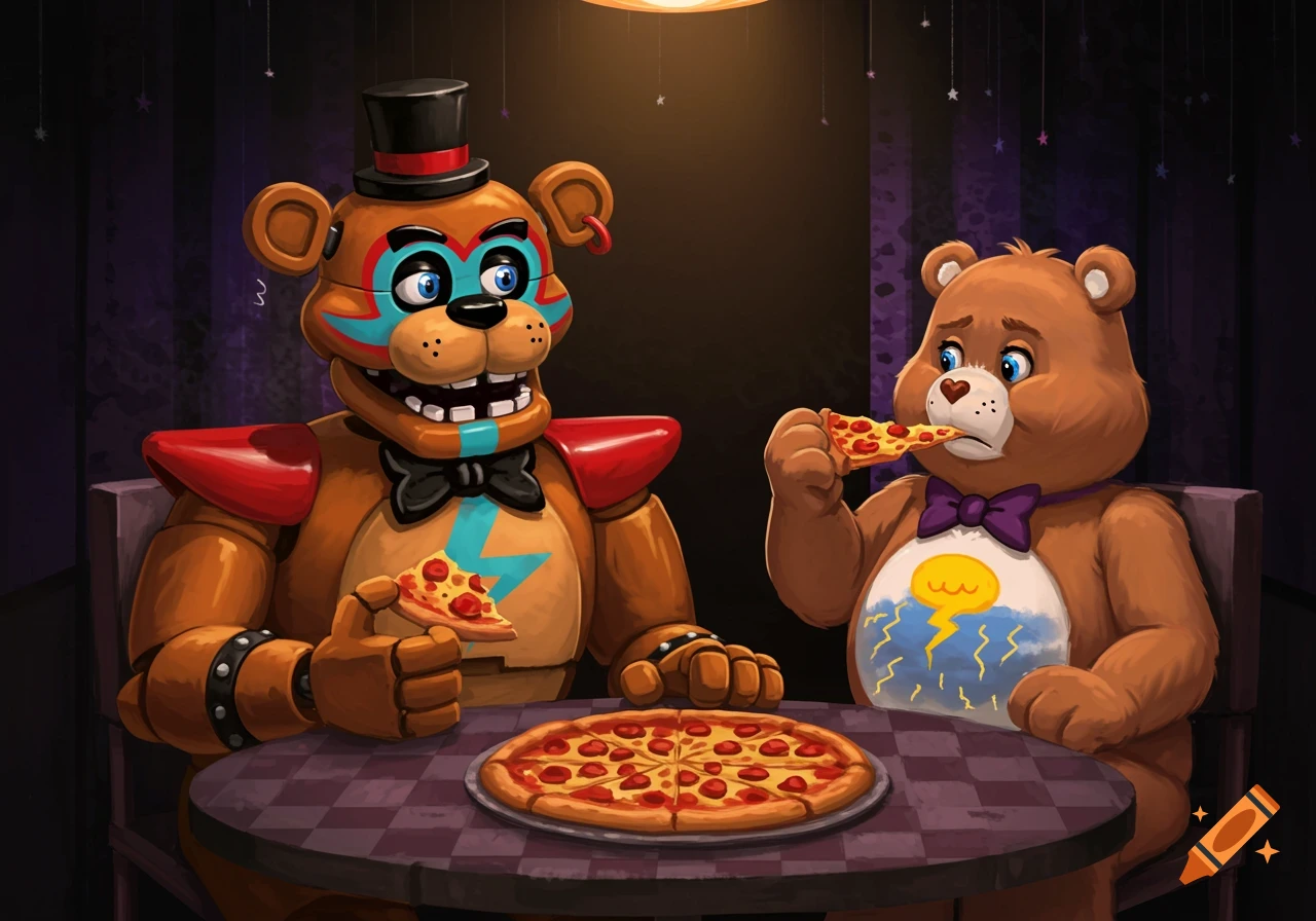 Cartoon bears Freddy Fazbear and Grumpy Bear eating pizza at a table.