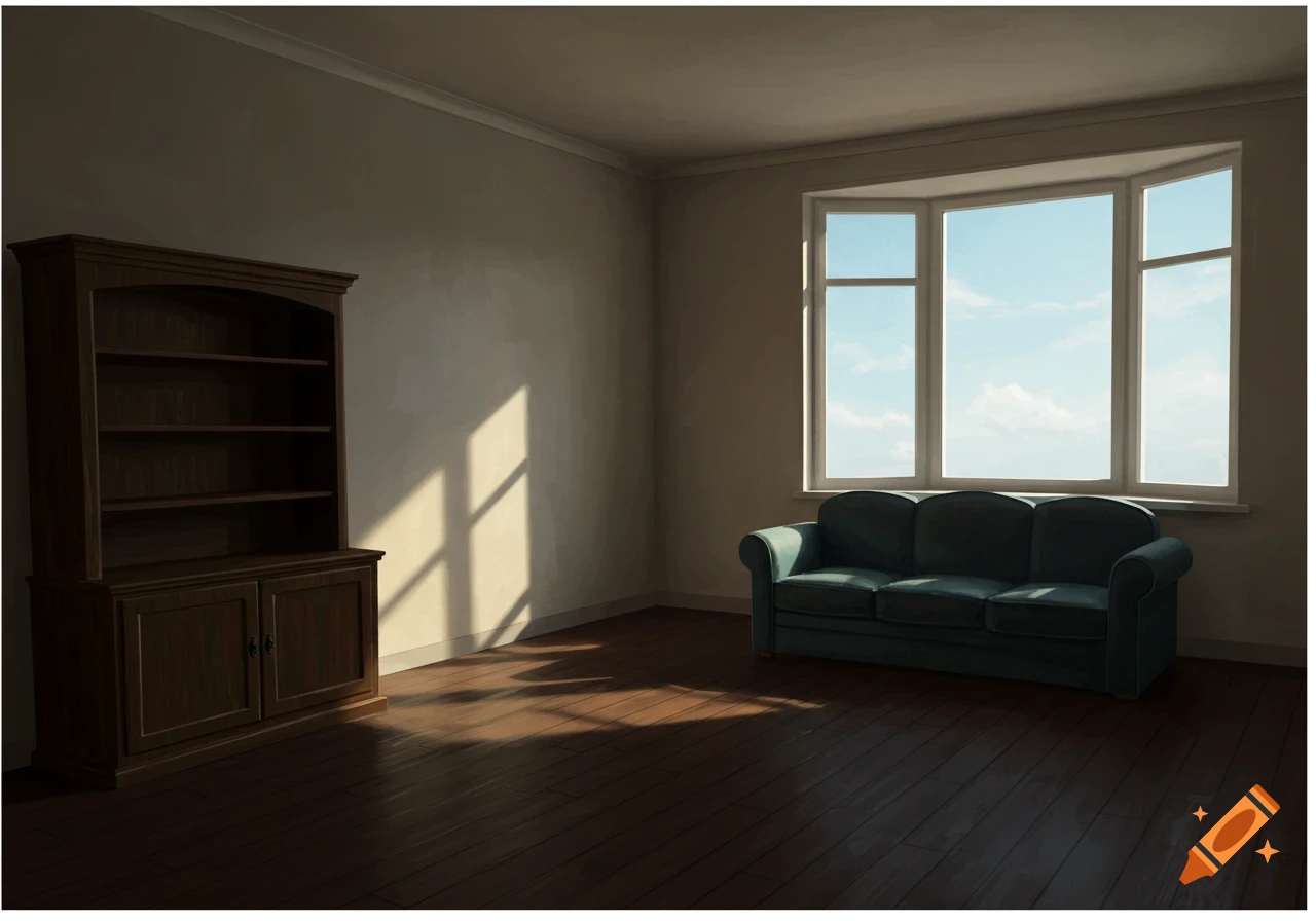 An empty room with a dark wood bookshelf, a blue sofa by a large window, and sunlight streaming onto the floor.