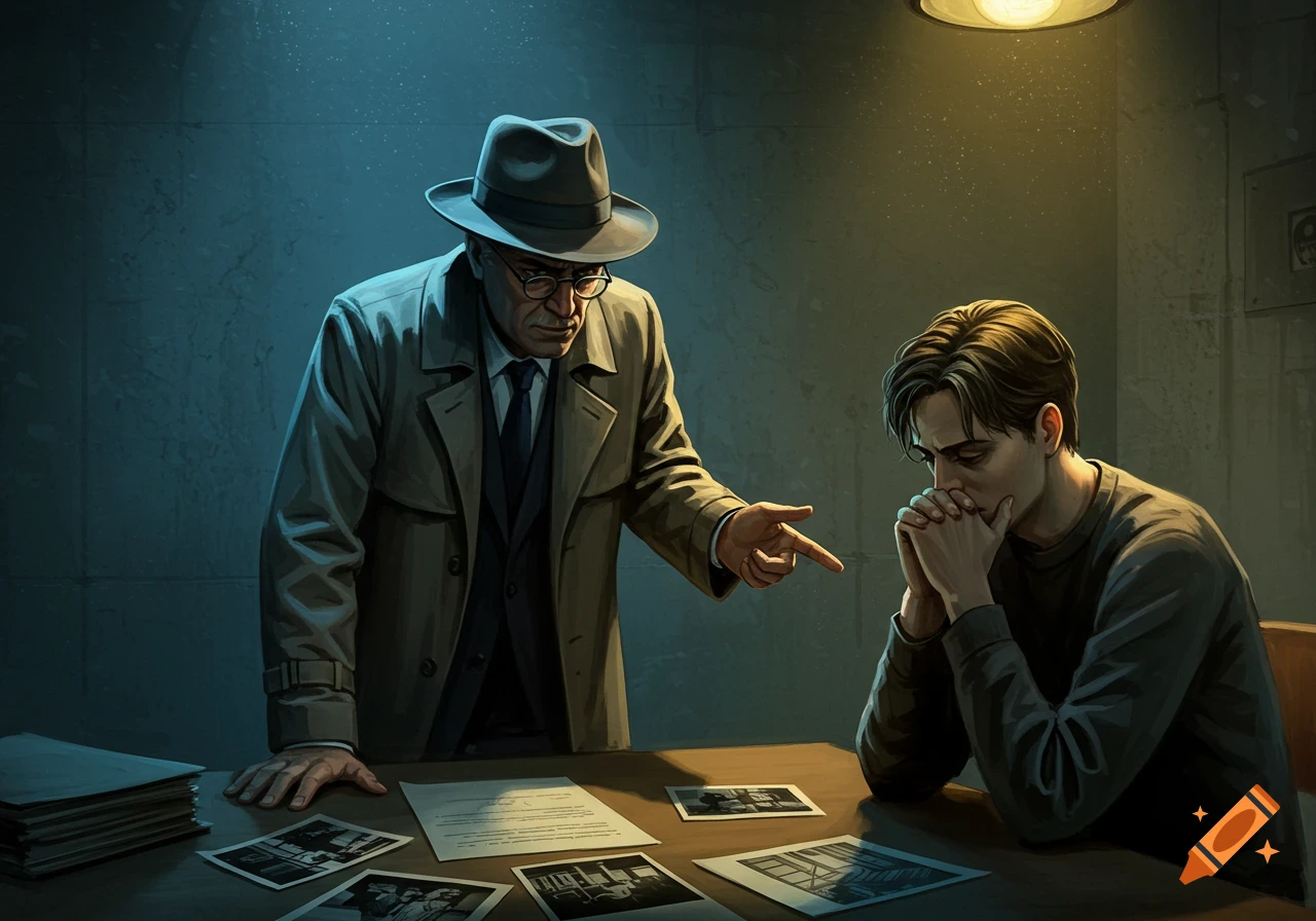 Illustration of a detective interrogating a man across a table with papers and photos.