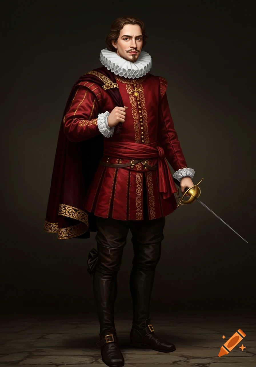 Portrait of a man in red and gold Shakespearean costume holding a rapier.