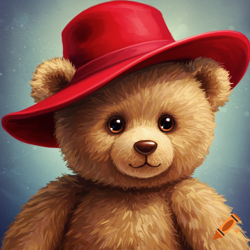 Close-up illustration of a cute teddy bear wearing a red hat.