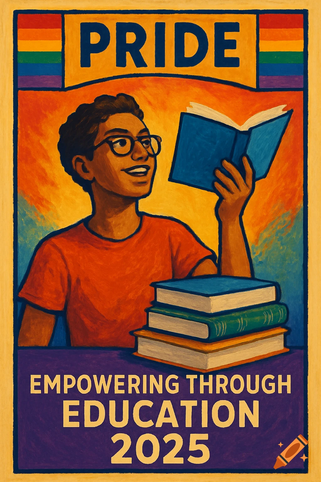 Pride poster featuring a person reading, with text 'PRIDE EMPOWERING THROUGH EDUCATION 2025' and a rainbow flag. Painterly style.