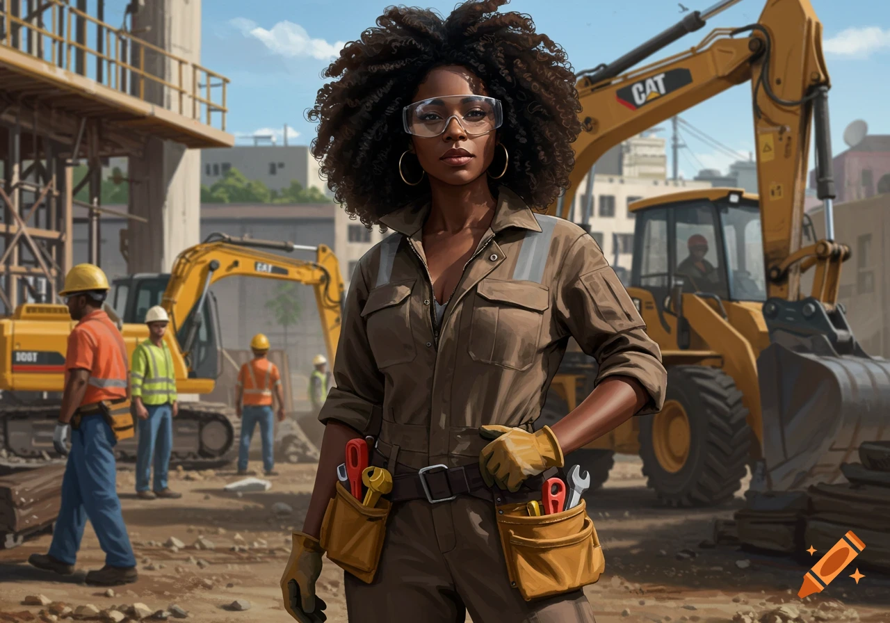 Realistic illustration of a Black woman in work clothes and safety glasses at a construction site with excavators.