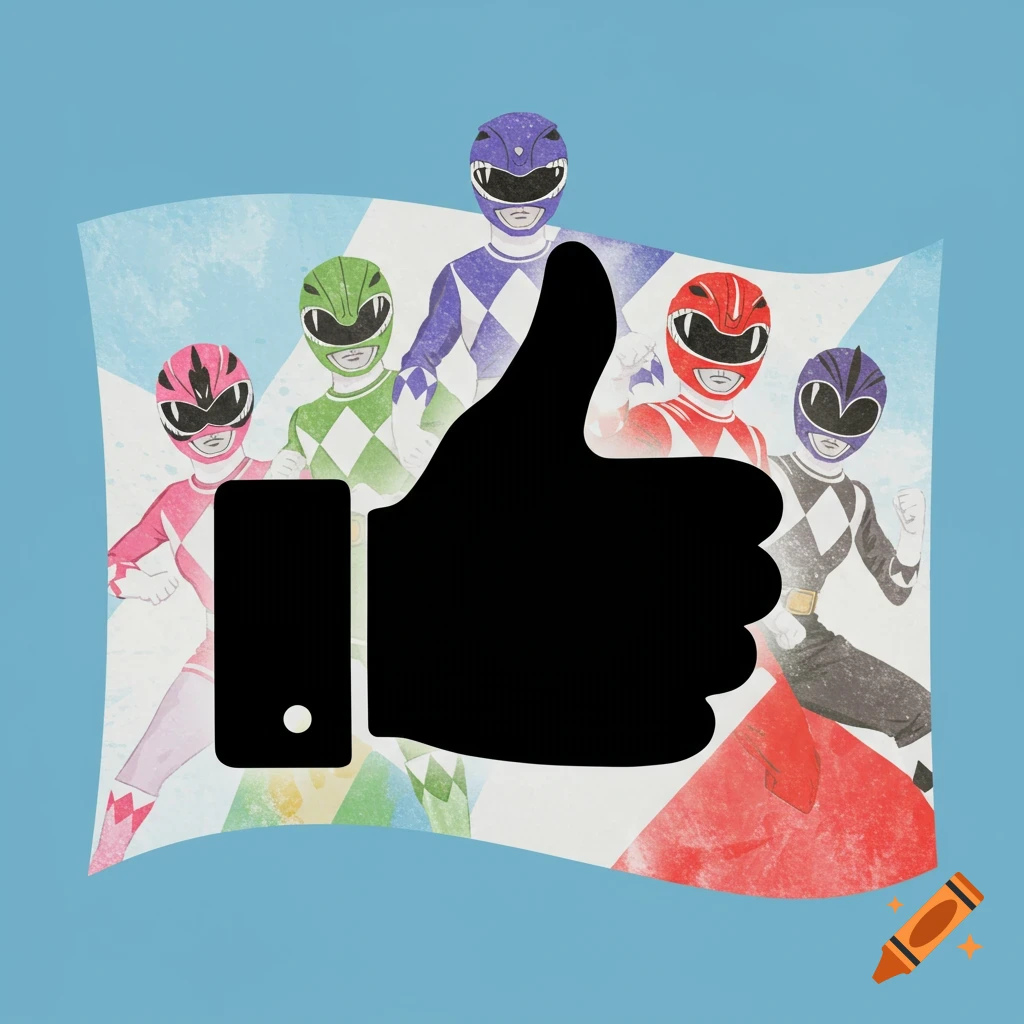 A group of five Power Rangers standing behind a large black thumbs up symbol, set on a blue and white stylized background.