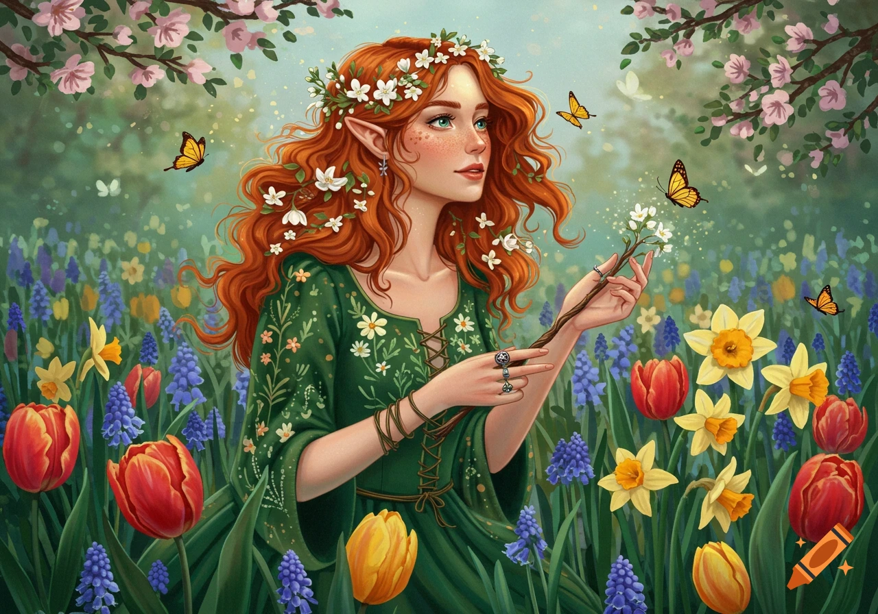 Fantasy art of a red-haired elf woman in a green dress standing in a spring flower field with butterflies.