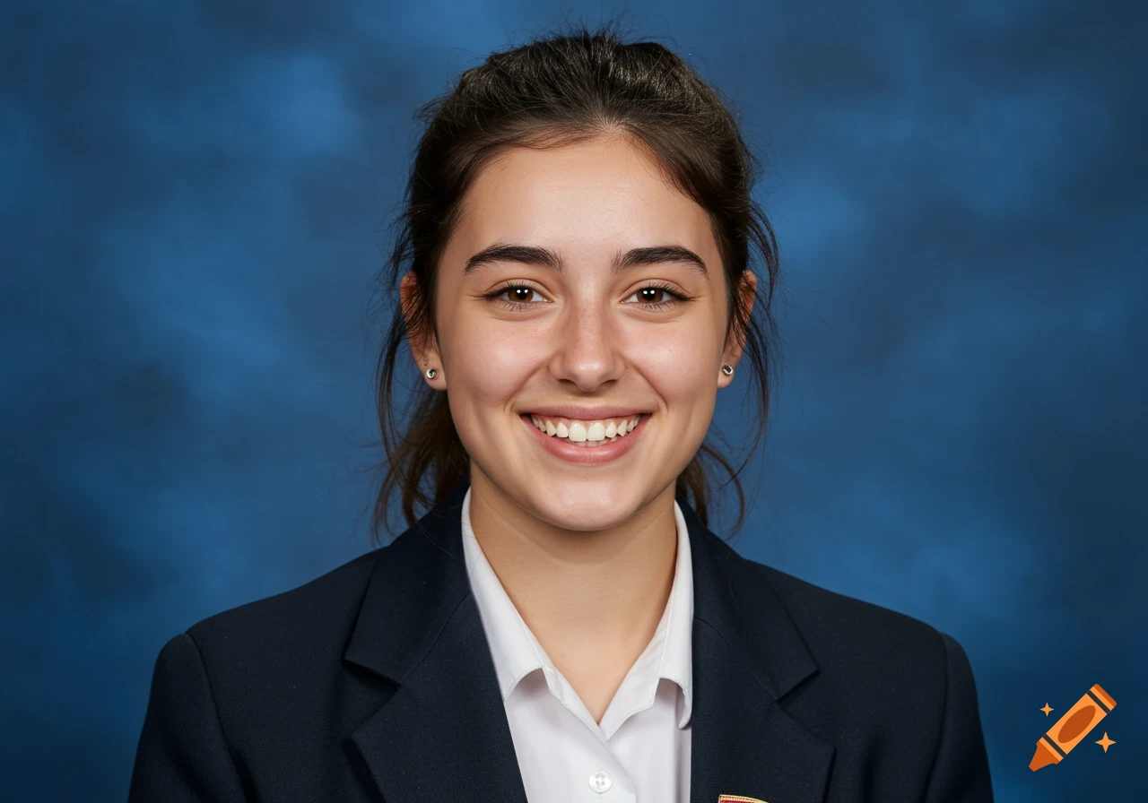 A young woman smiles in a school portrait against a blue background.