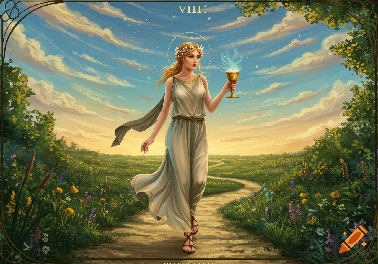 A woman in a white dress walks a path in a field, holding a golden cup, in a fantasy art style tarot card.