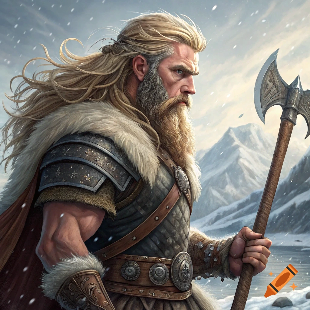 Portrait of a viking man with long blonde hair and beard holding an axe in a snowy landscape.