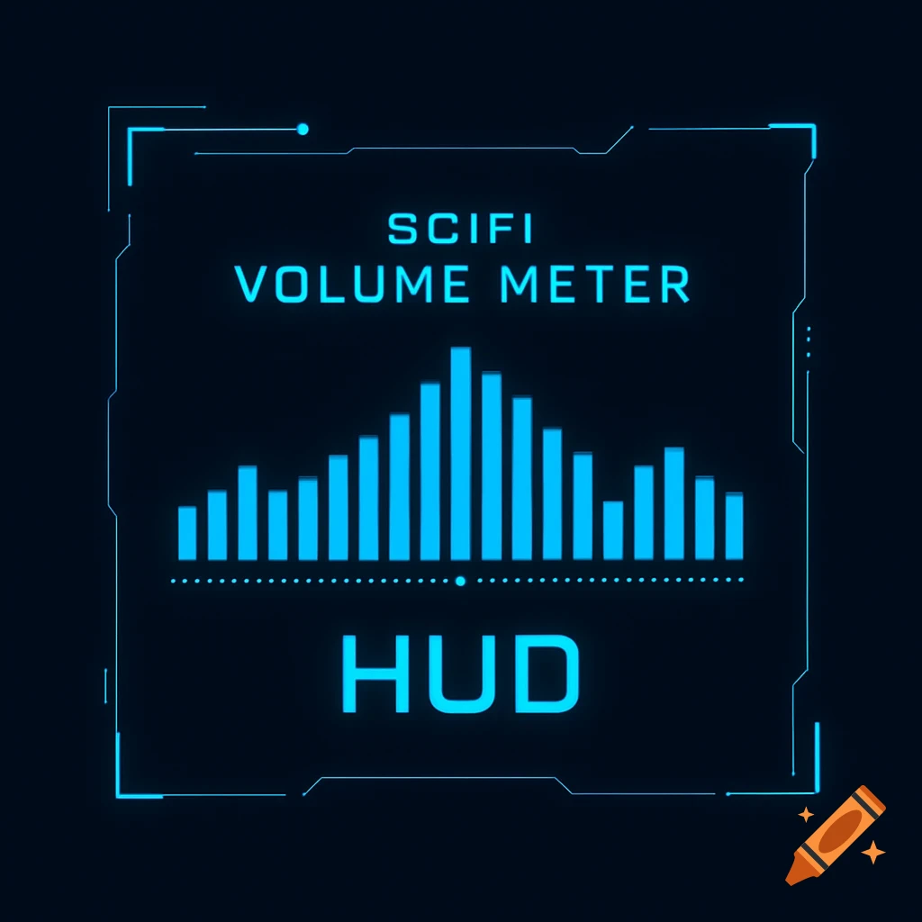 A glowing blue sci-fi volume meter HUD graphic showing a bar graph within a futuristic frame.