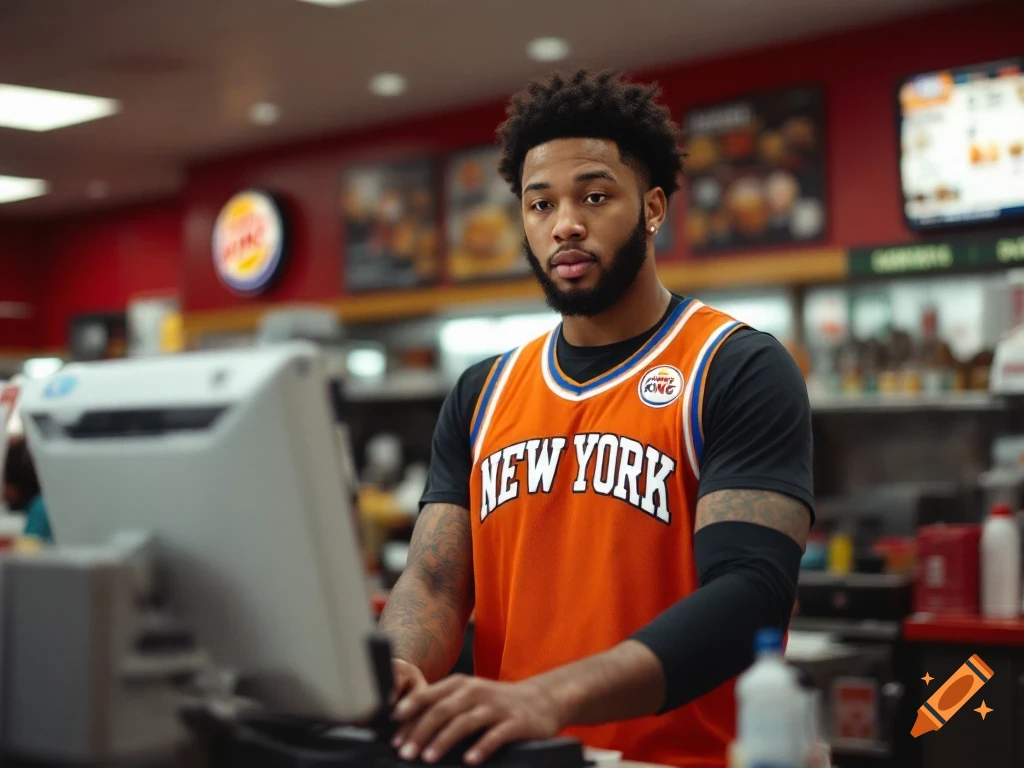 Man in an orange New York Knicks jersey working behind the counter at a Burger King.