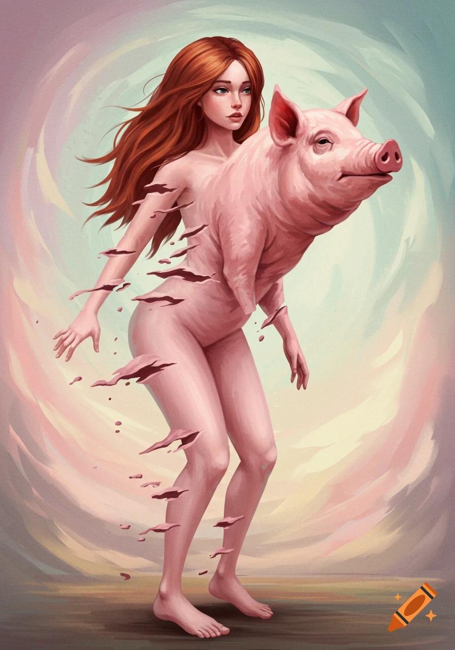 Surreal illustration of a woman transforming into a pig with pieces breaking away.