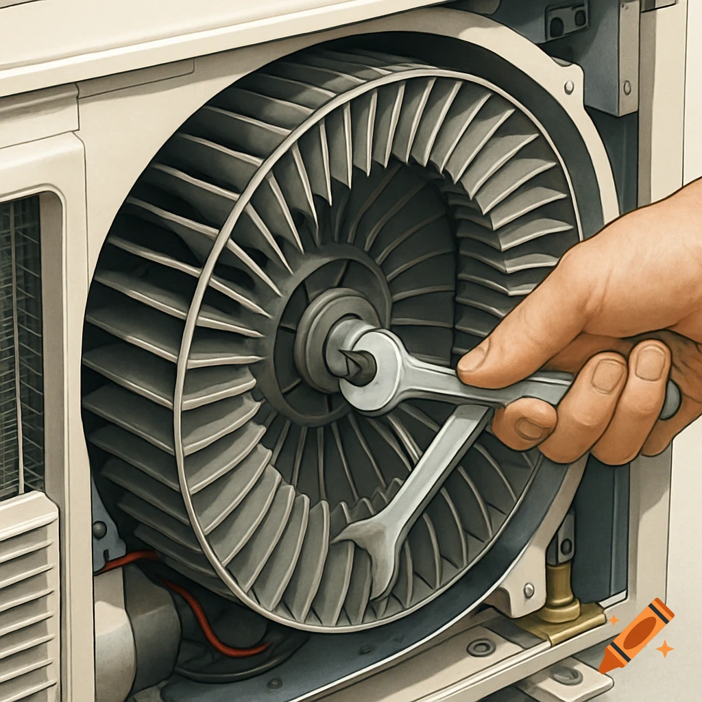 A hand uses wrenches to remove a nut from an AC blower fan in a technical illustration style.