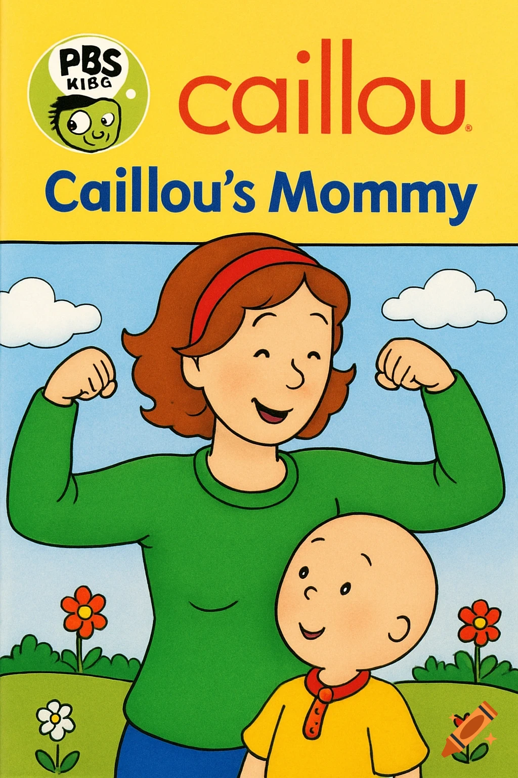 Cartoon of Caillou and his mother flexing her bicep with title text 'Caillou Caillou's Mommy'.