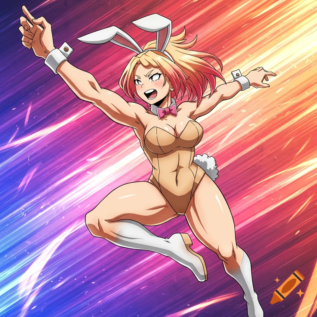 Anime illustration of Rumi Usagiyama from My Hero Academia in a bunny suit jumping, with a colorful speedline background.