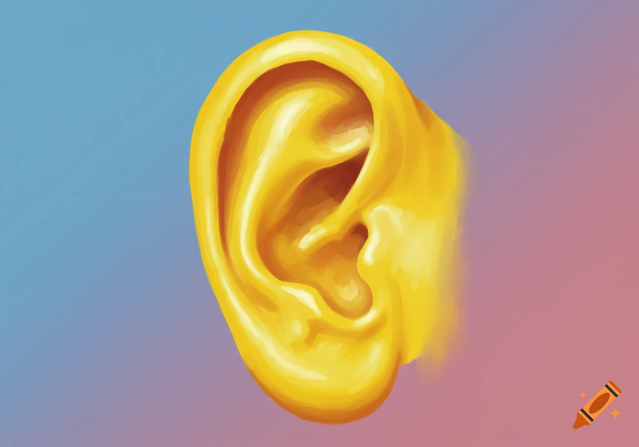 A stylized yellow ear against a blue and pink gradient background.