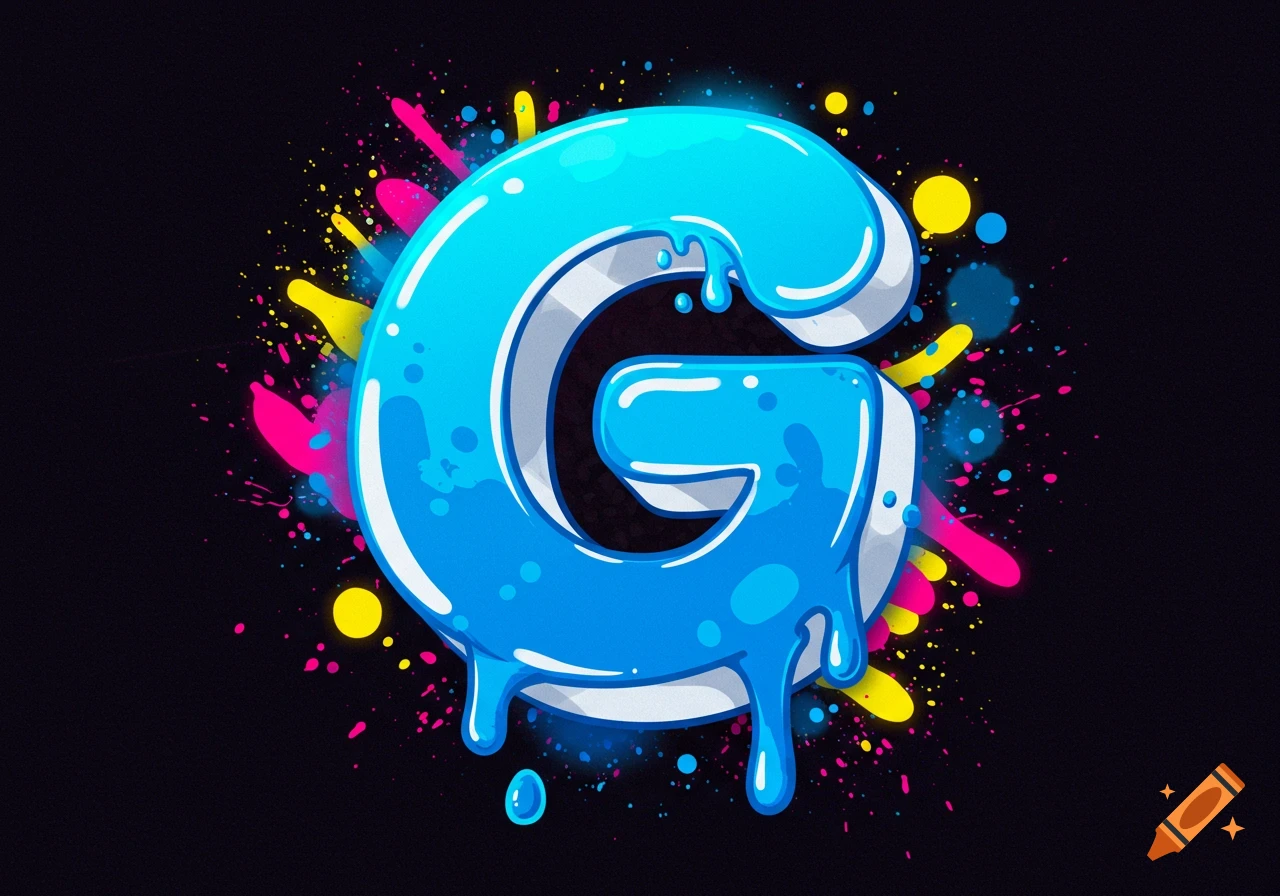 A glossy, dripping blue letter G with colorful pink, yellow, and blue paint splatters on a black background.