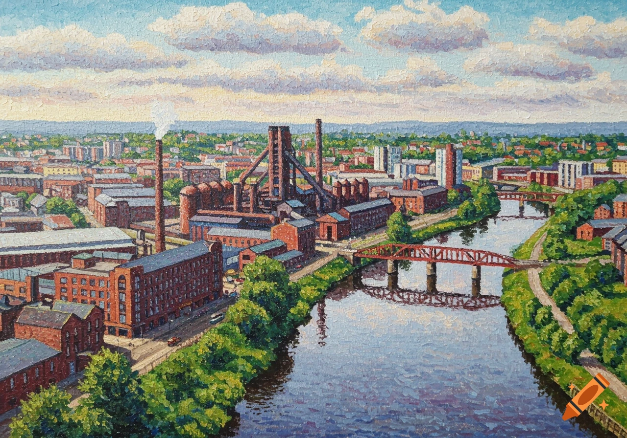 Painting of an industrial city with a river and bridges, rendered in a pointillist style.