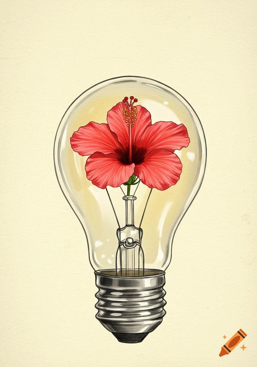 Sketch illustration of a red hibiscus flower inside a lightbulb.