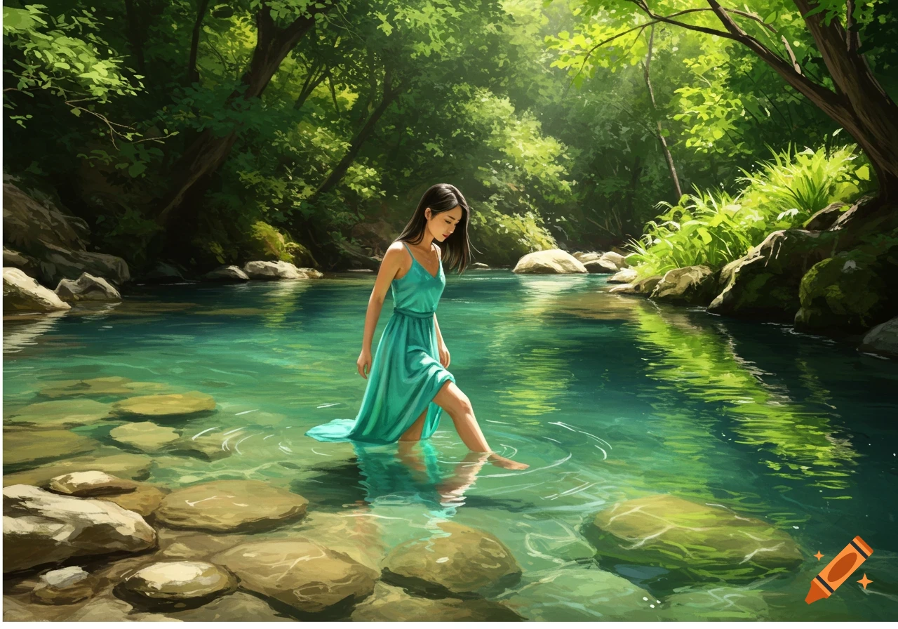 A woman in a green dress stands in a river in a sunlit forest, painted art style.
