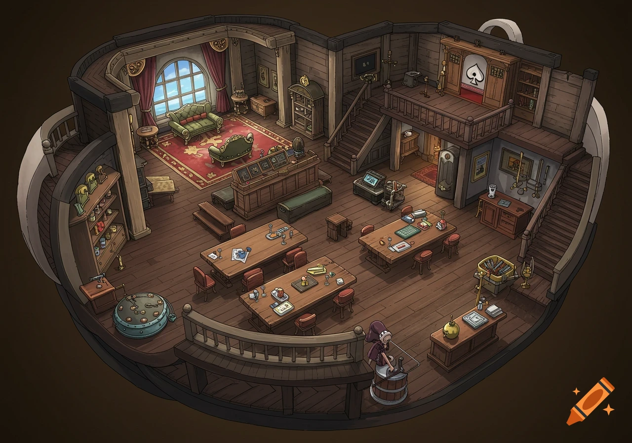 Anime style interior view of a pirate ship's main room with tables and a spade symbol.