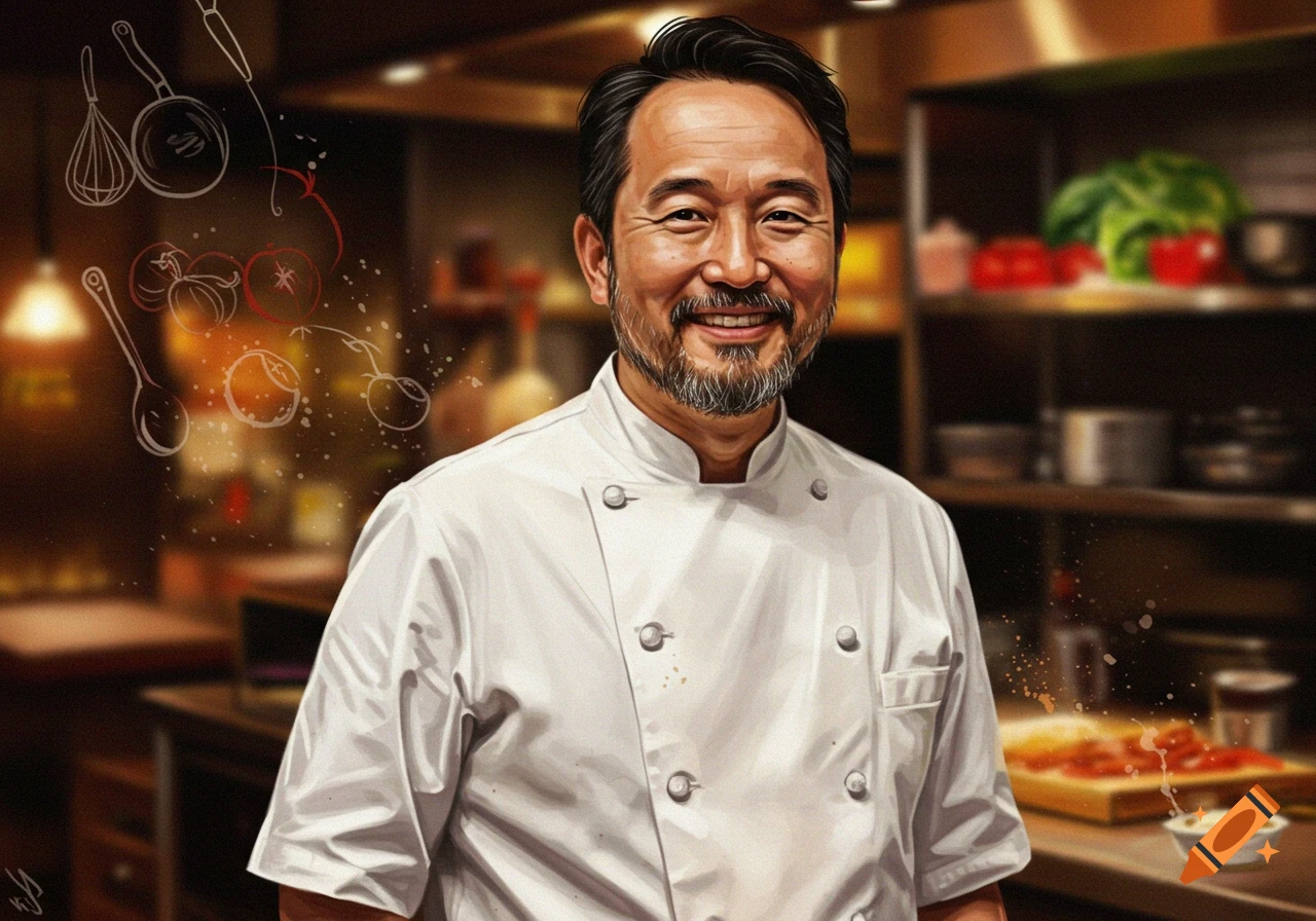 A smiling chef in a kitchen with sketched food illustrations.