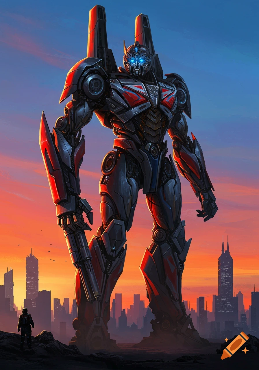 Giant mecha robot stands in a city landscape at sunset.