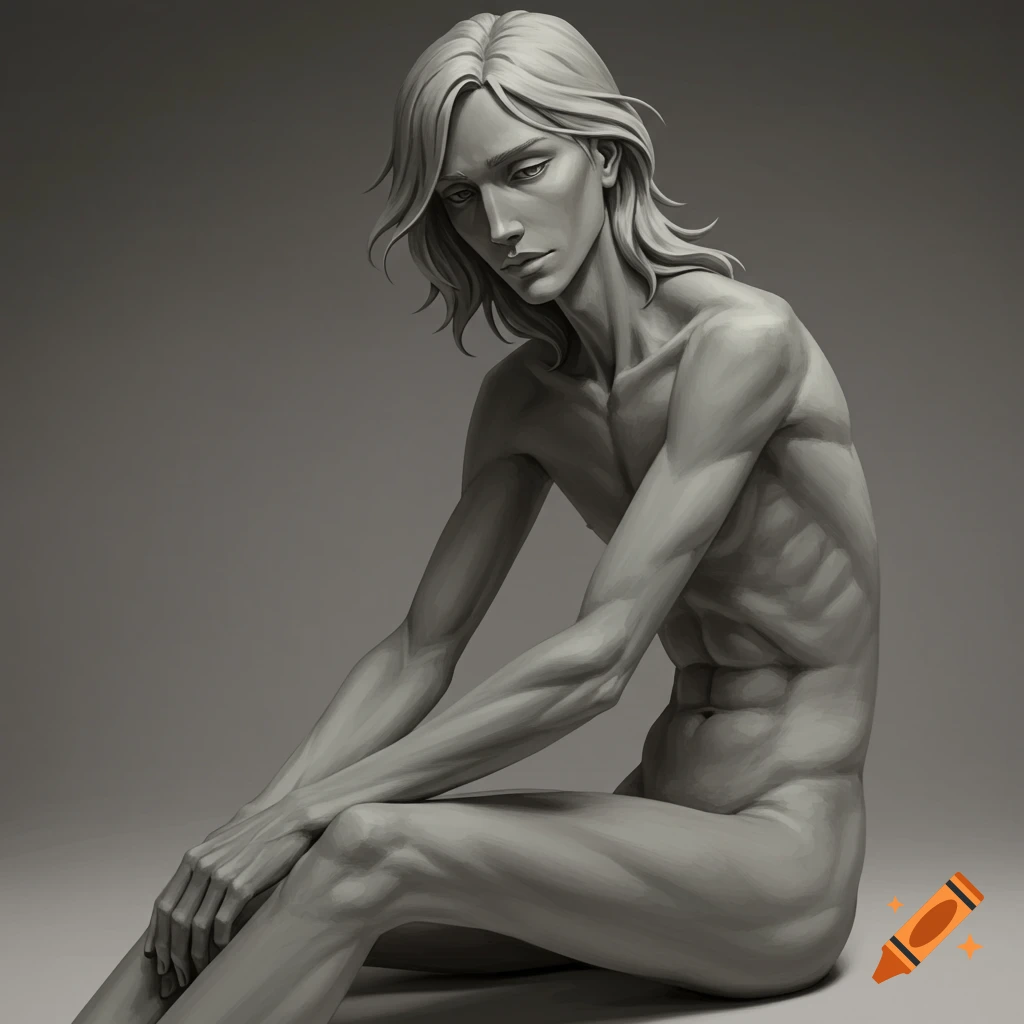 Monochrome sculpture of a slim, seated figure with long hair resting hands on knees.
