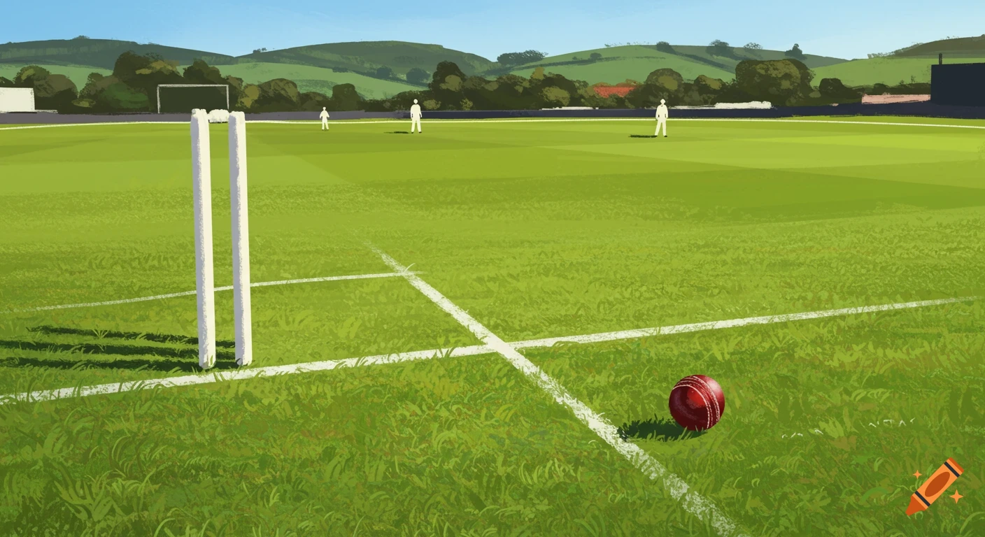 Illustrated cricket ground with wickets, ball, and distant figures under a blue sky.