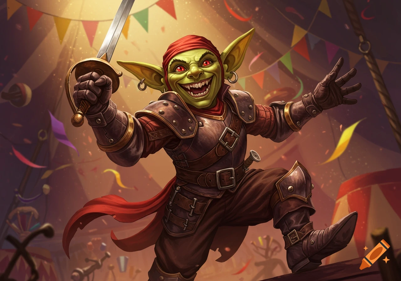An illustration of a grinning goblin swashbuckler with a sword in a circus tent