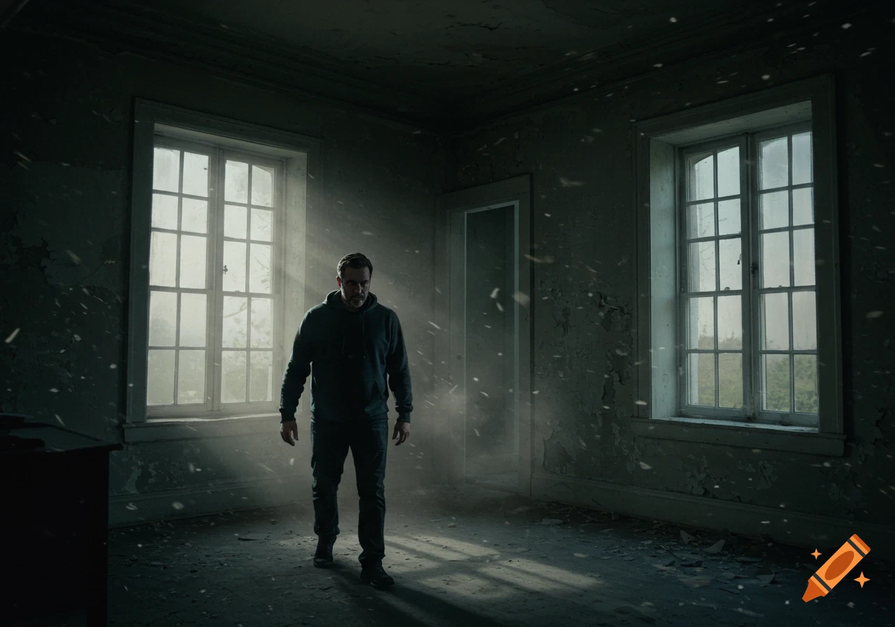 A man in a hooded sweatshirt stands in a dusty, derelict room with light streaming through windows.