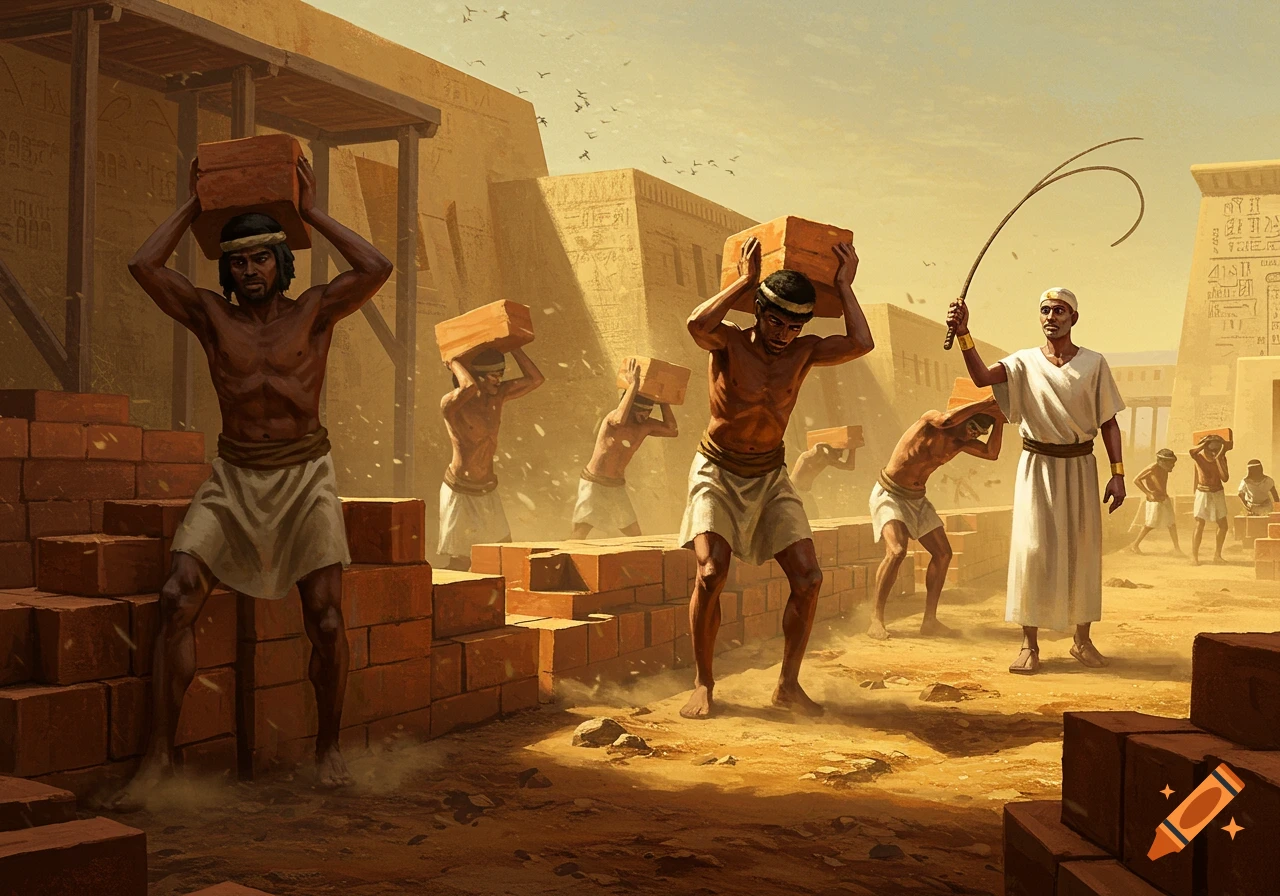 Artwork of ancient Egyptian workers carrying bricks under the supervision of an overseer with a whip.
