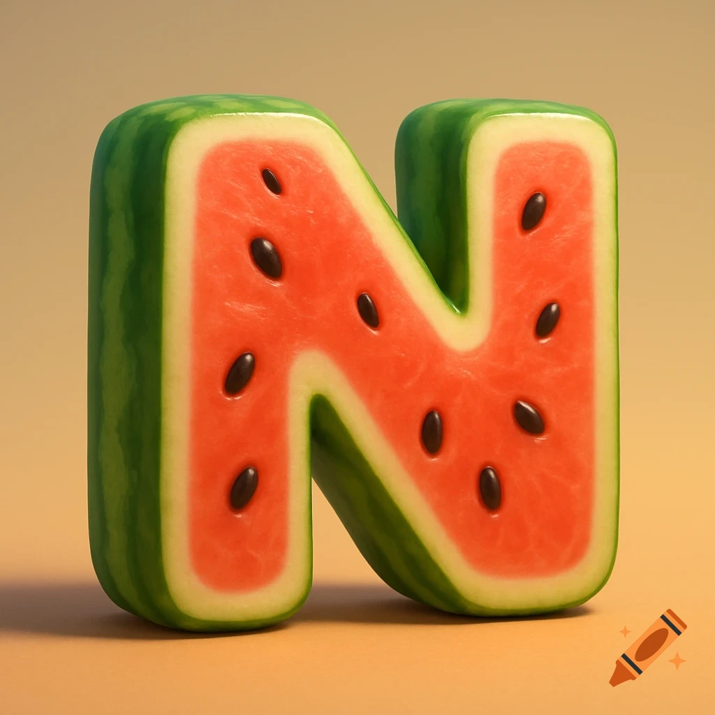 A 3D rendering of the letter N made from a slice of watermelon with seeds.