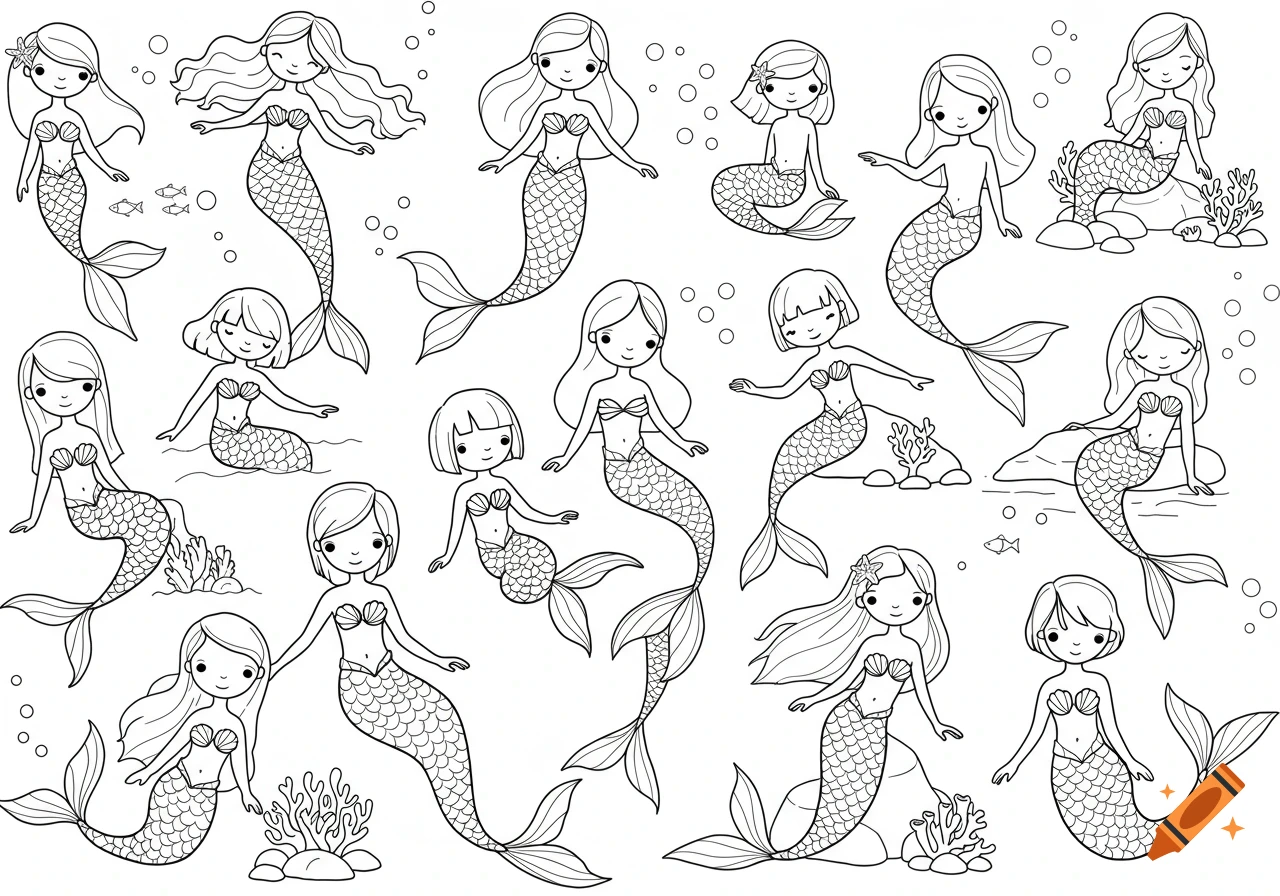 Black and white clip art of multiple mermaids