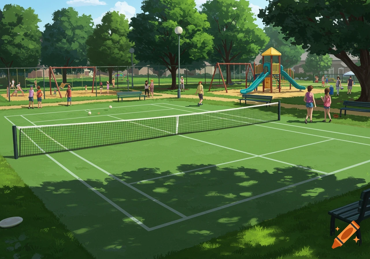 An illustration of a park with a tennis court, playground, and people.