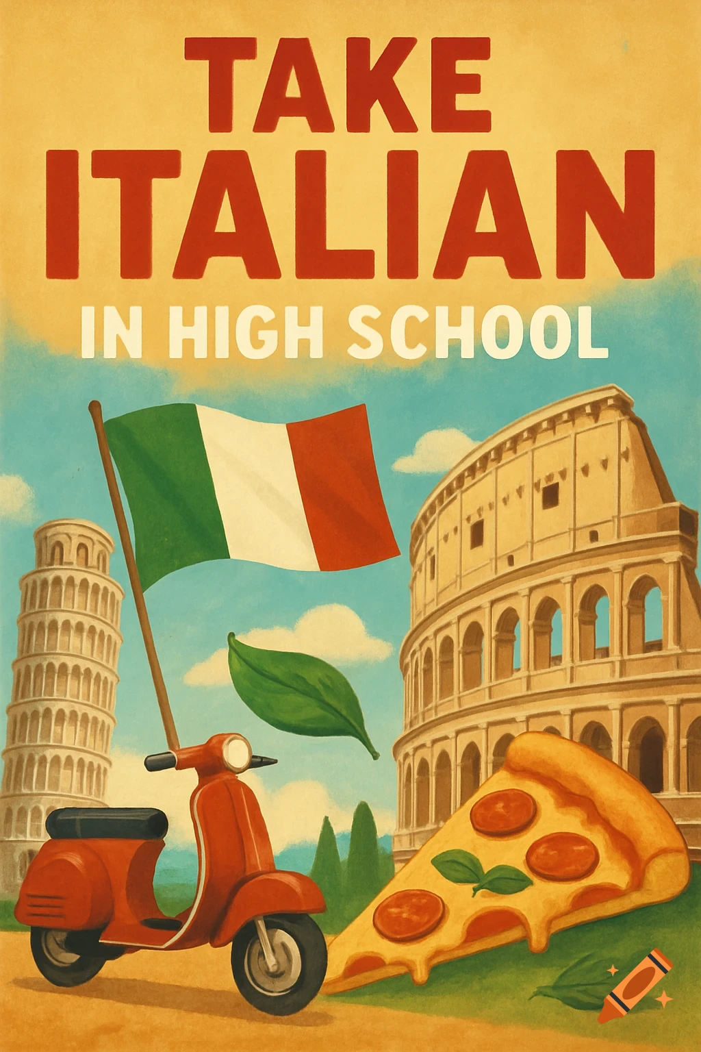 Vintage-style poster for high school Italian classes featuring Italian landmarks, Vespa, flag, pizza slice, and text.