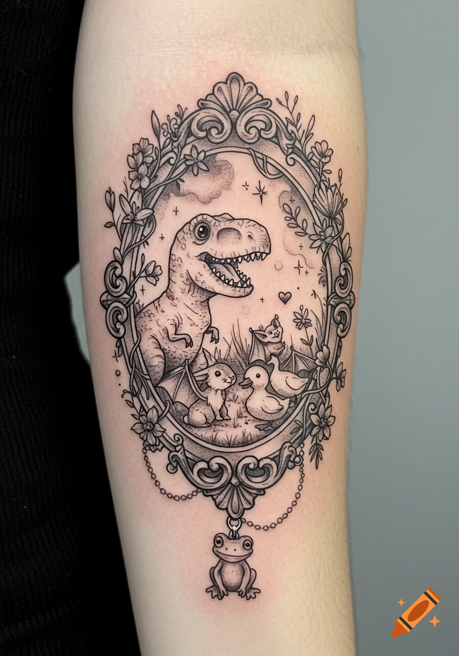 Black and grey whimsical tattoo of a T-Rex, bunny, duck, and winged creature in a decorative oval frame with flowers and a hanging frog charm.