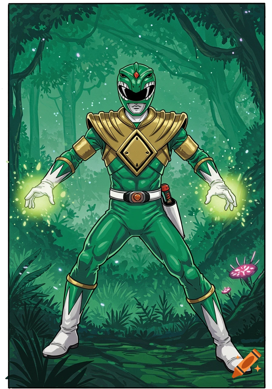Illustration of the Green Power Ranger standing in a forest