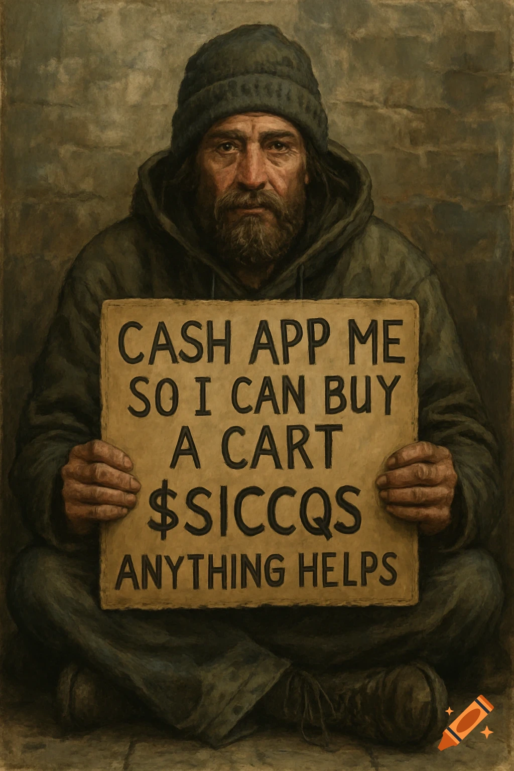 A painting of a homeless man sitting and holding a sign asking for money.