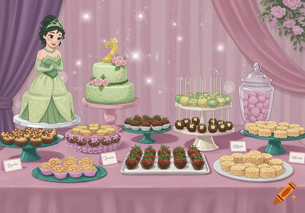A cartoon princess stands next to a table laden with desserts, including a two-tier cake with a "2", cake pops, chocolate-dipped strawberries, and rice krispies treats.