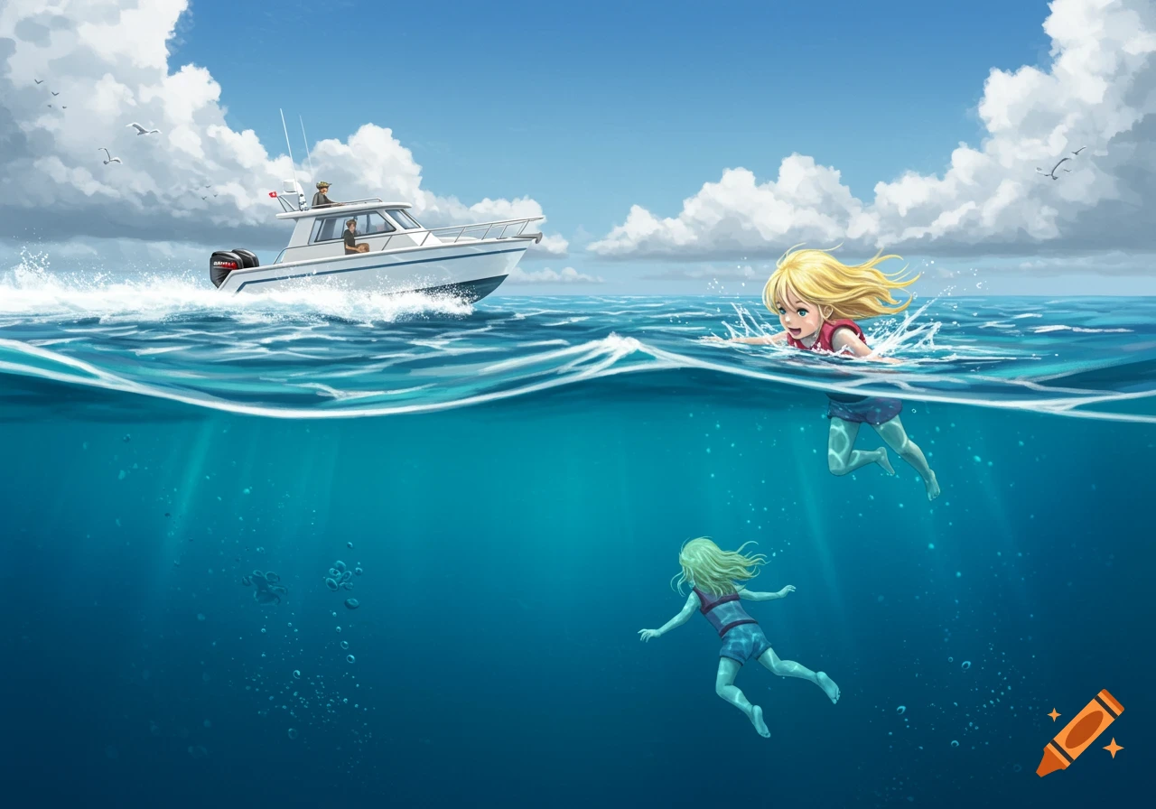 Anime style scene split view above and below water showing a boat and a girl swimming while another girl swims underwater.