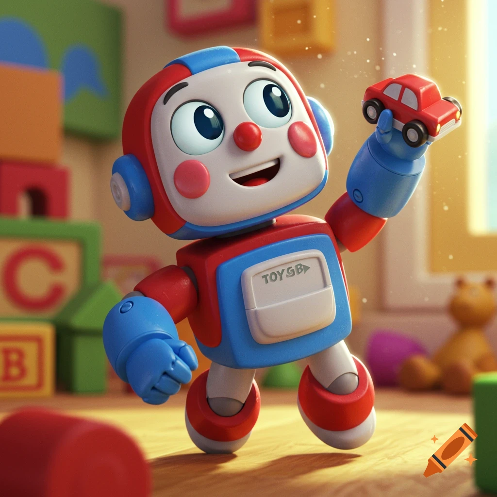 Cartoon robot toy holds a red car in a playroom with toy blocks