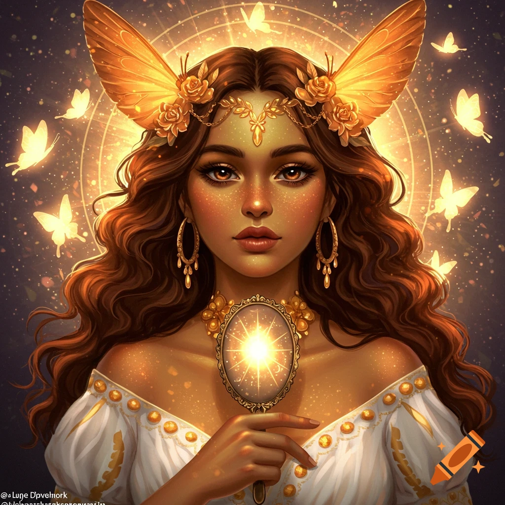 Fantasy portrait of a woman with butterfly wings and golden jewelry, holding a glowing mirror, surrounded by butterflies.