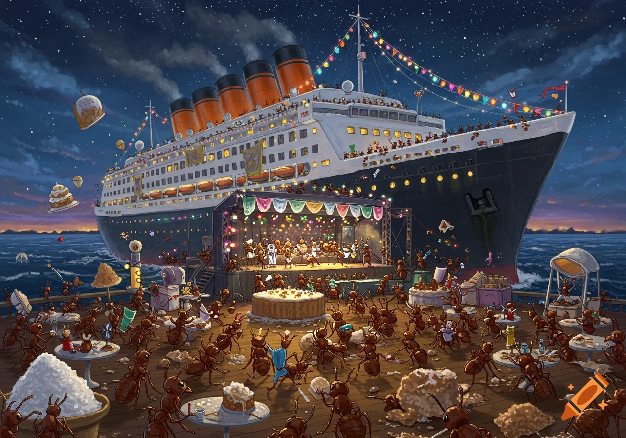 Cartoon illustration of many ants having a lively party on a cruise ship docked at night. The ship is decorated with lights.
