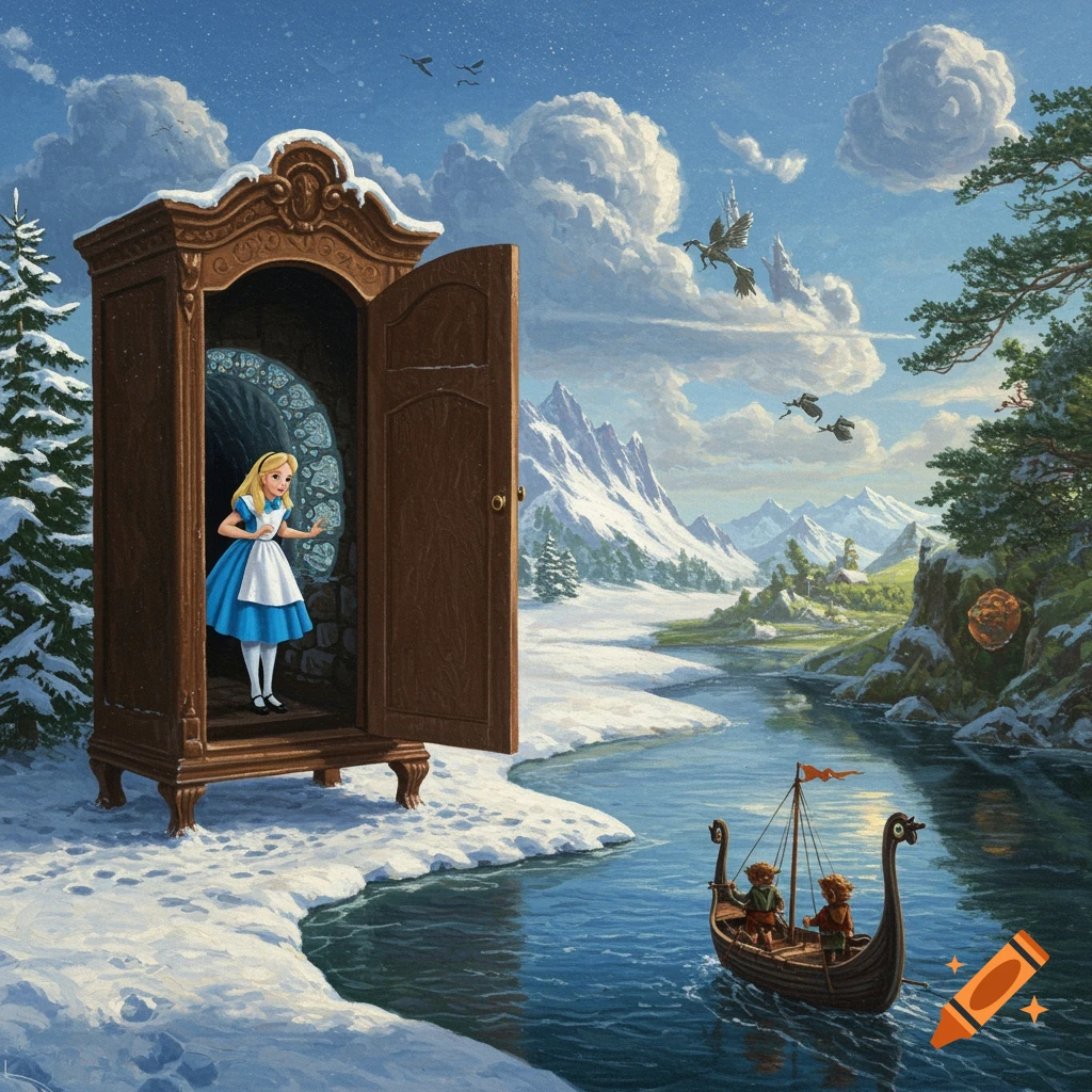 Alice steps from an open wardrobe into a snowy landscape with a river ...