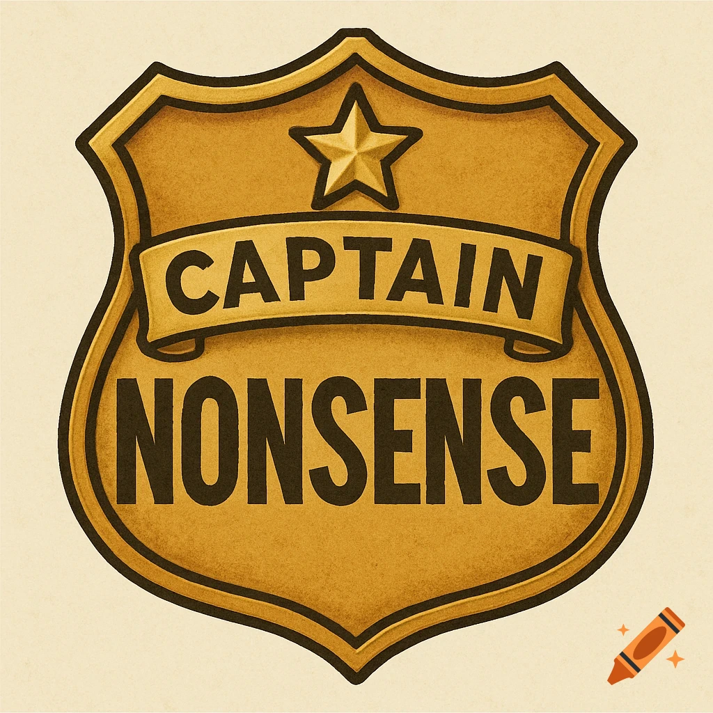 Gold shield badge illustration with star reads Captain Nonsense