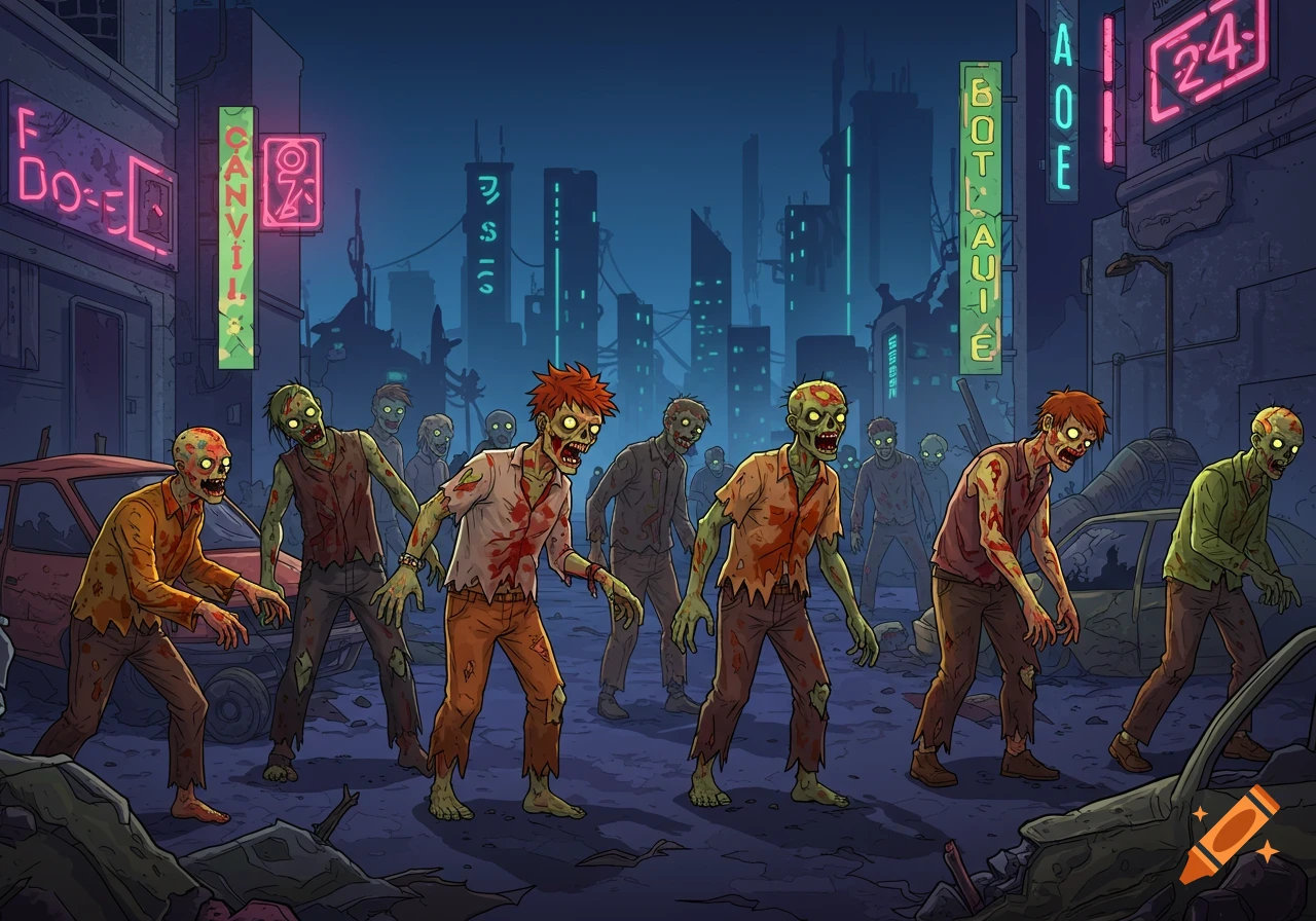 Cartoon zombies walk down a dark city street past neon signs and abandoned cars.
