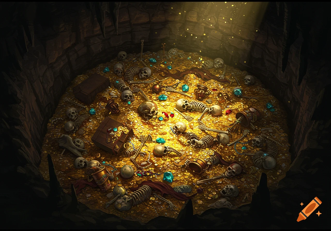 A pile of gold coins, jewels, and skeletons in a dark cave.
