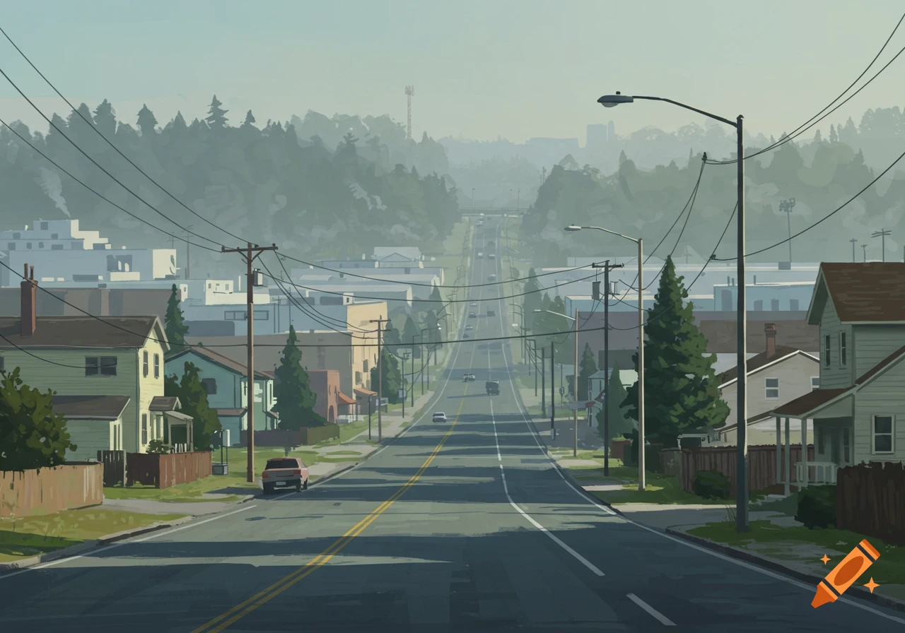 Illustrative view up a suburban street with houses, cars, and telephone poles